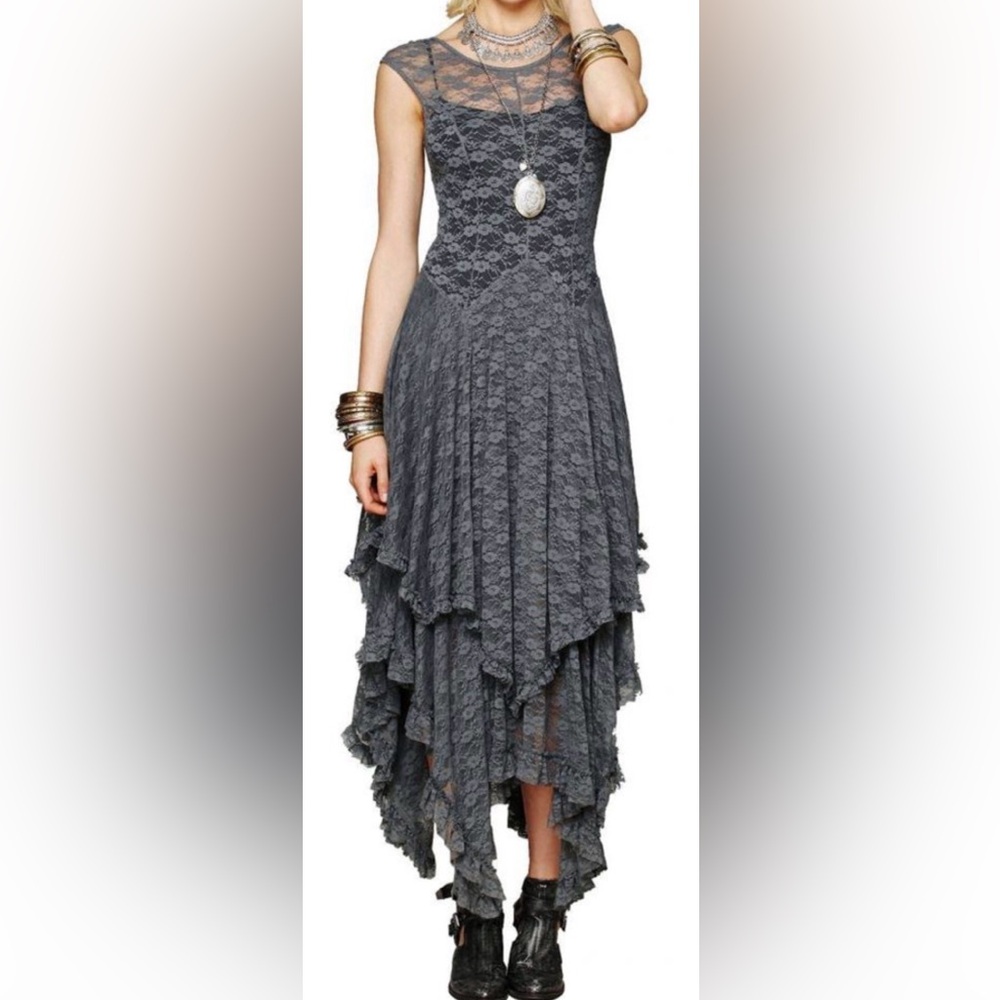 R.Vivimos Sleeveless Backless Asymmetrical Layered Lace Long Dress with Slip, S